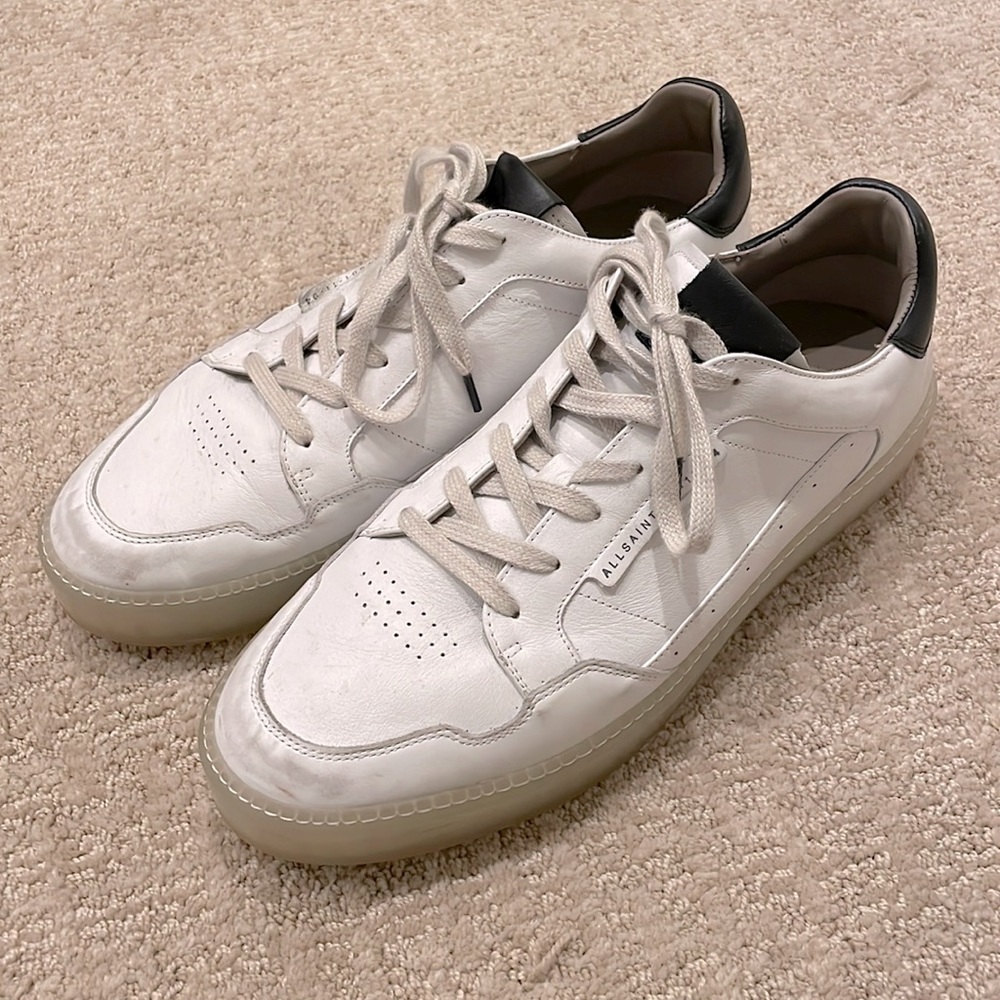 Men’s Allsaints Sneakers: Sheer Low Top, Leather, White & Black, Size 12